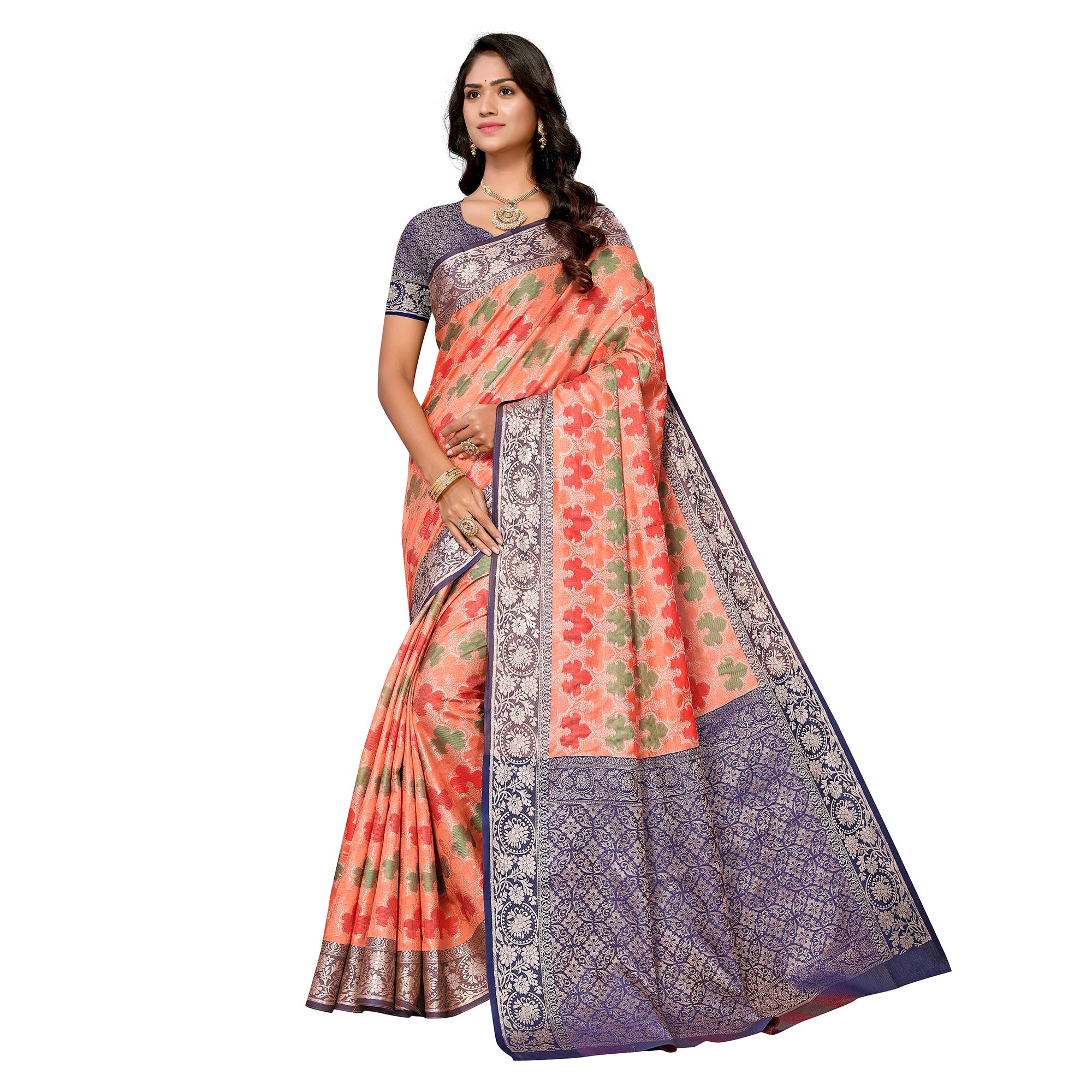 Orange Floral Woven Banarasi Silk Saree