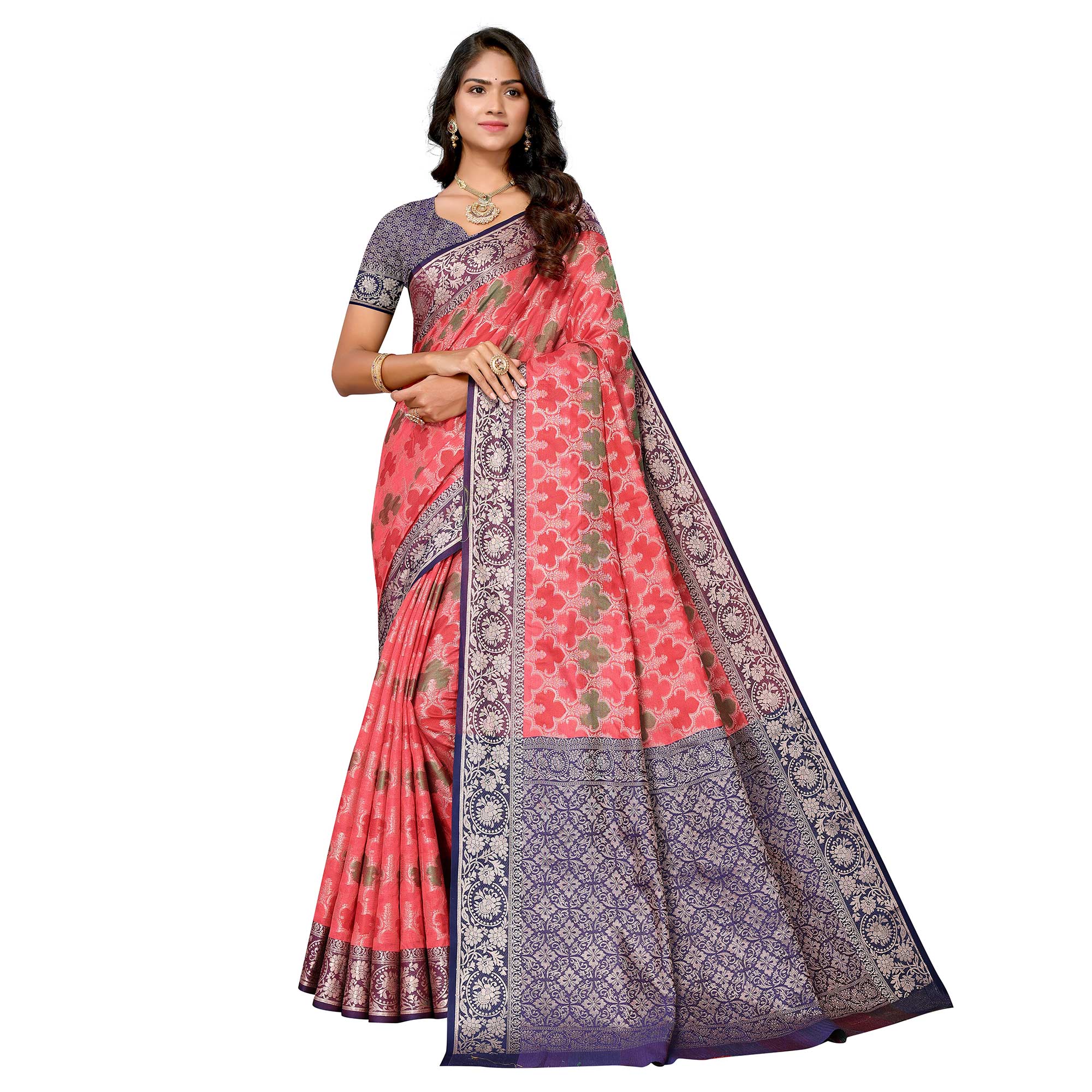 Peach Floral Woven Banarasi Silk Saree