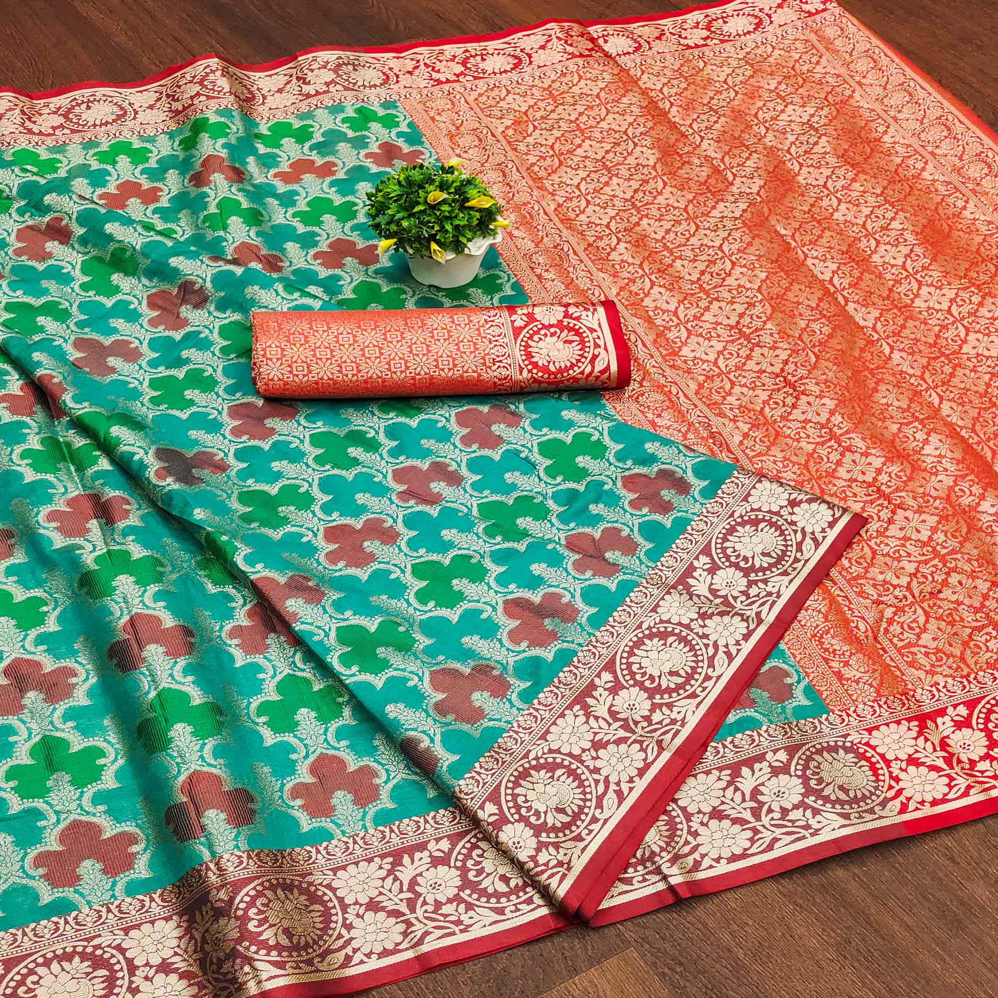 Rama Green Woven Banarasi Silk Saree