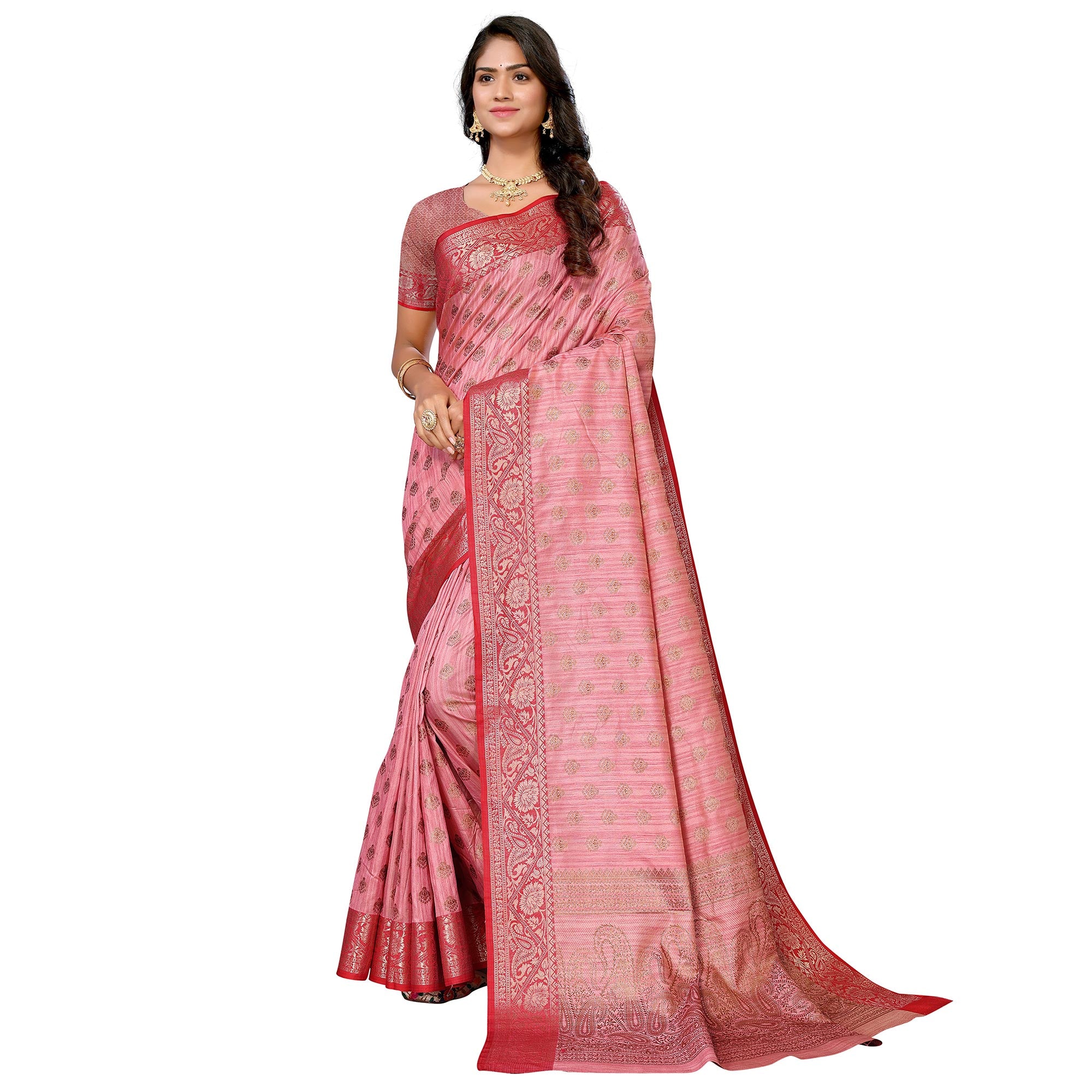 Pink Floral Woven Banarasi Silk Saree