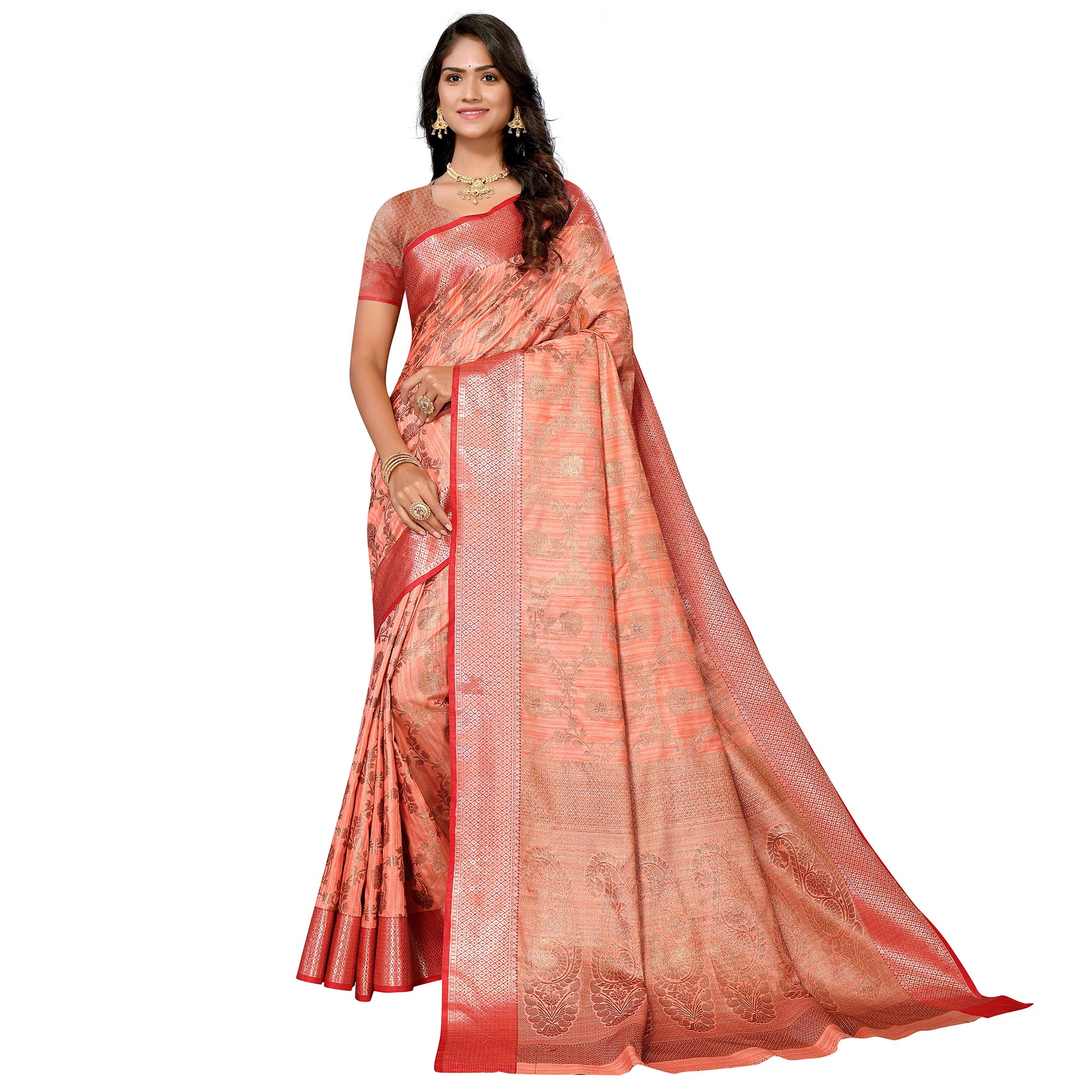 Peach Floral Woven Banarasi Silk Saree