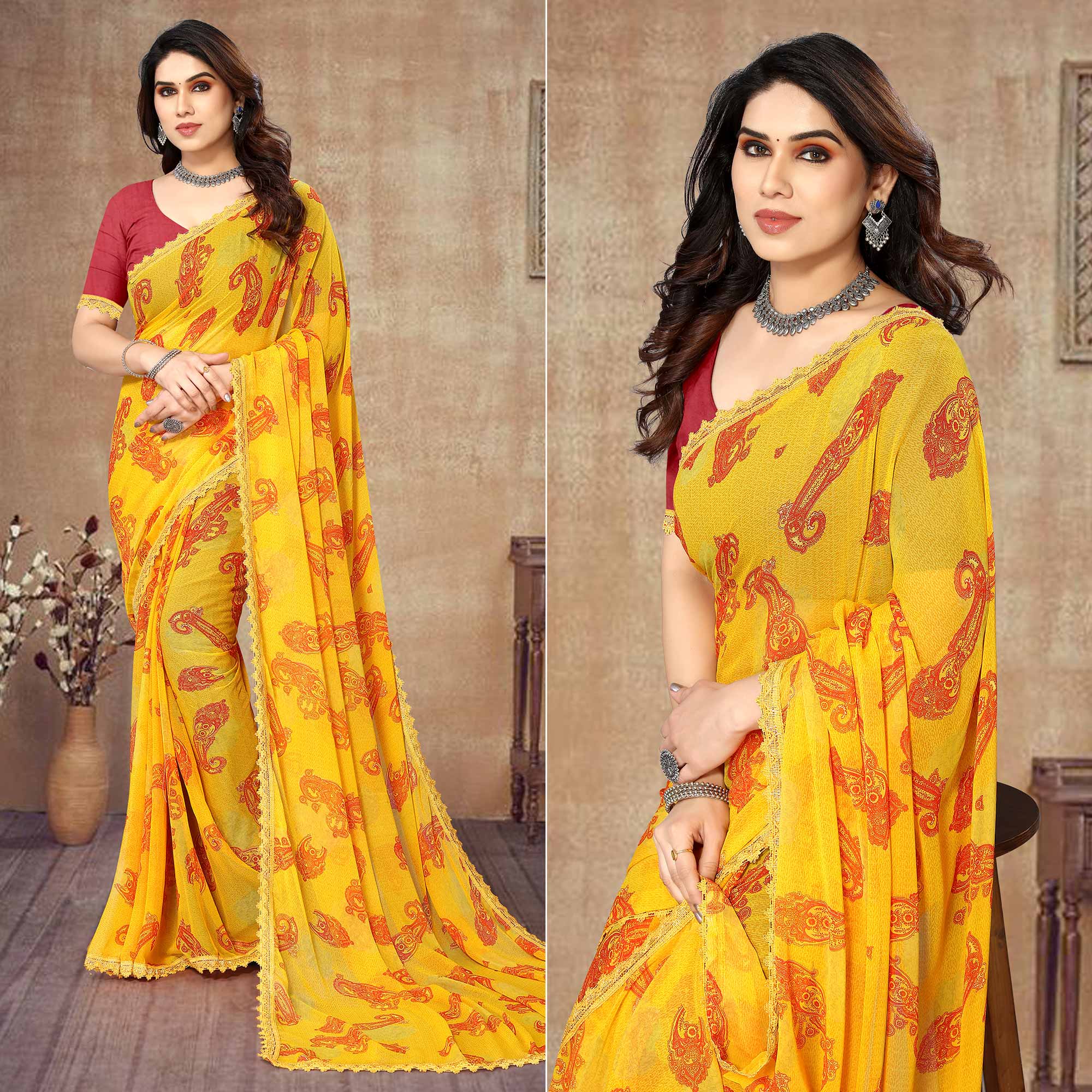 Yellow Floral Printed Georgette Saree With Lace Border