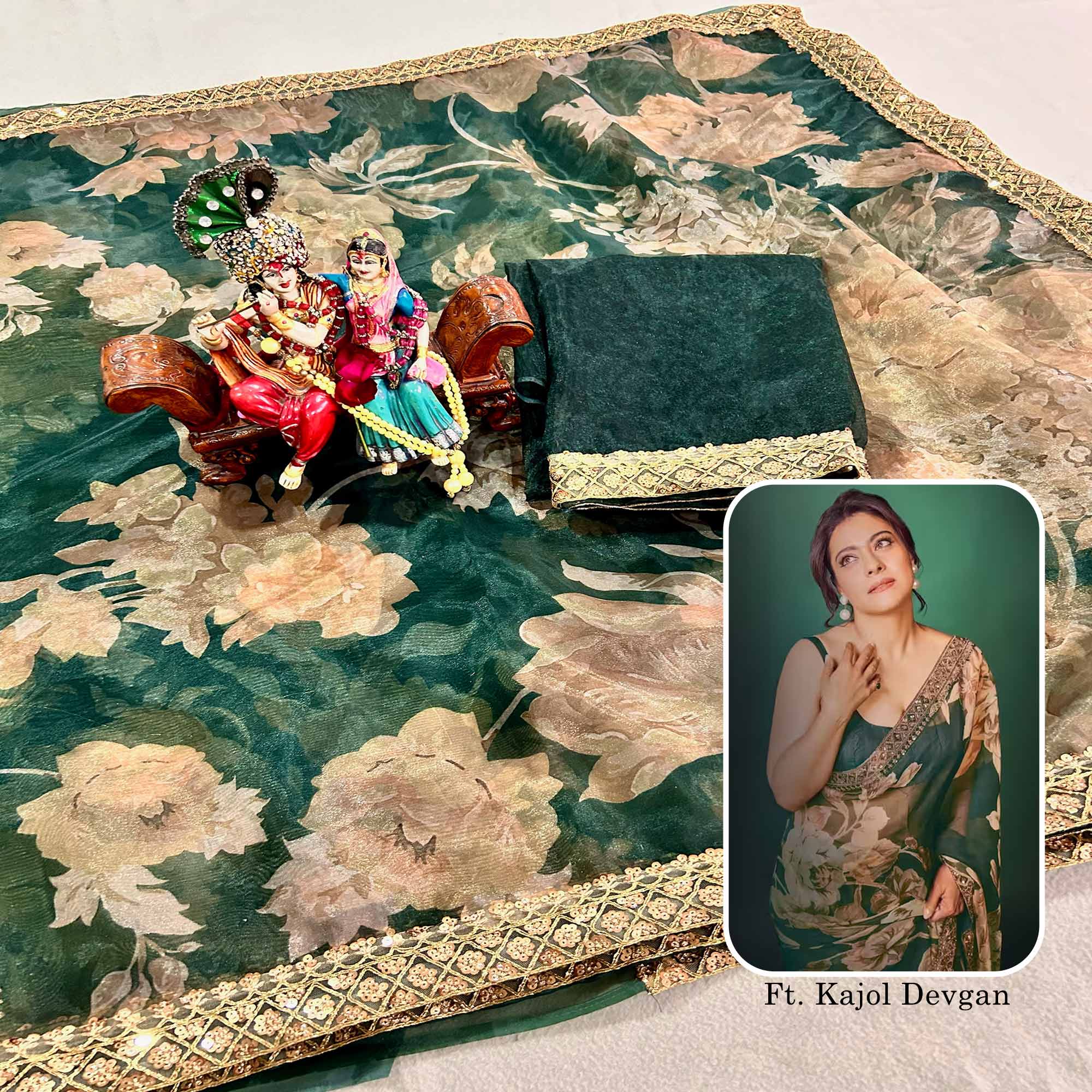 Green Floral Digital Printed Organza Saree With Lace Border