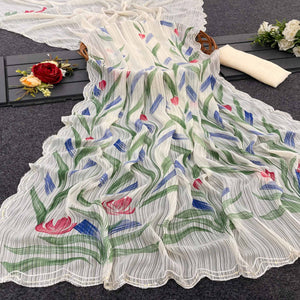 Off White Floral Hand Printed Chiffon Saree