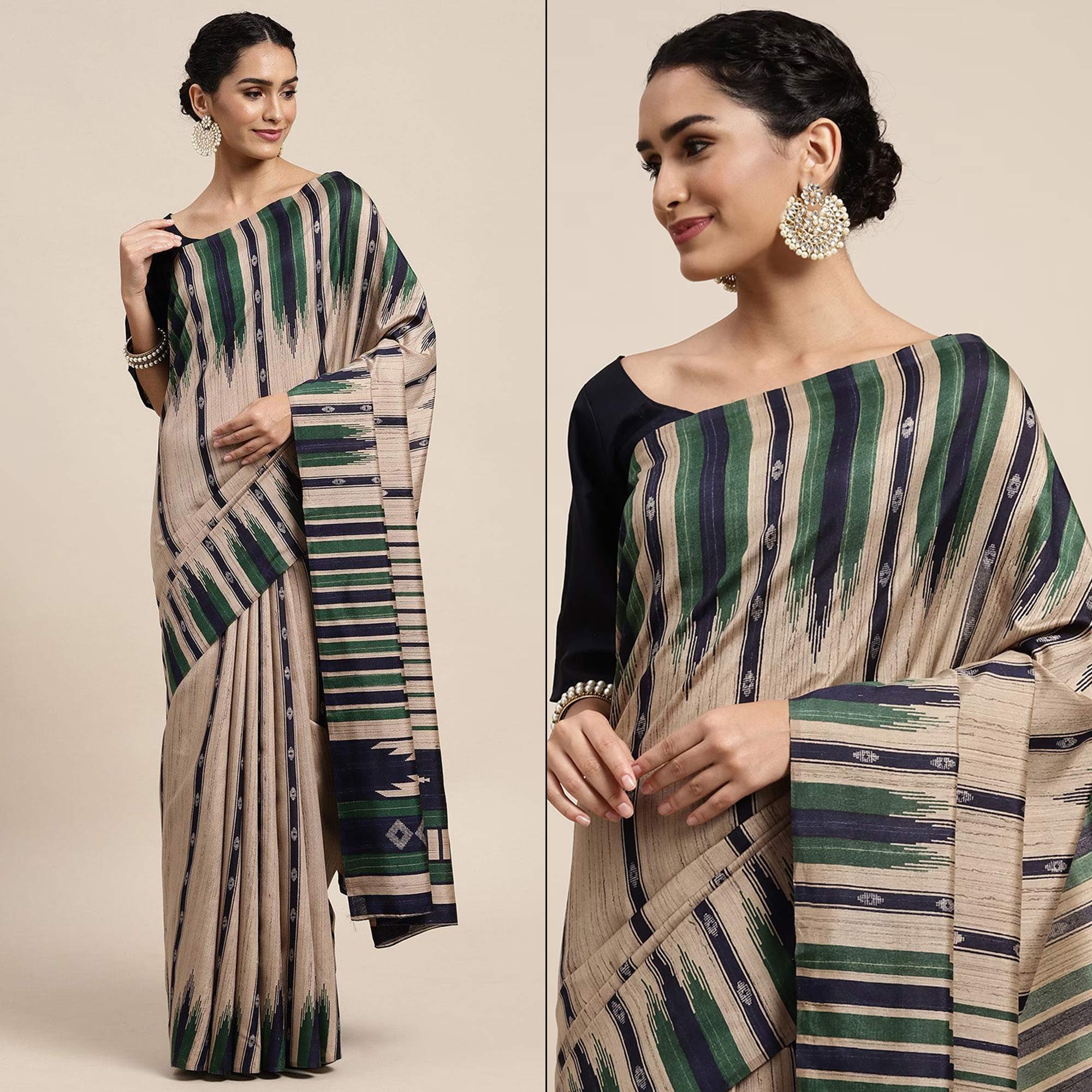 Beige Digital Printed Dola Silk Saree