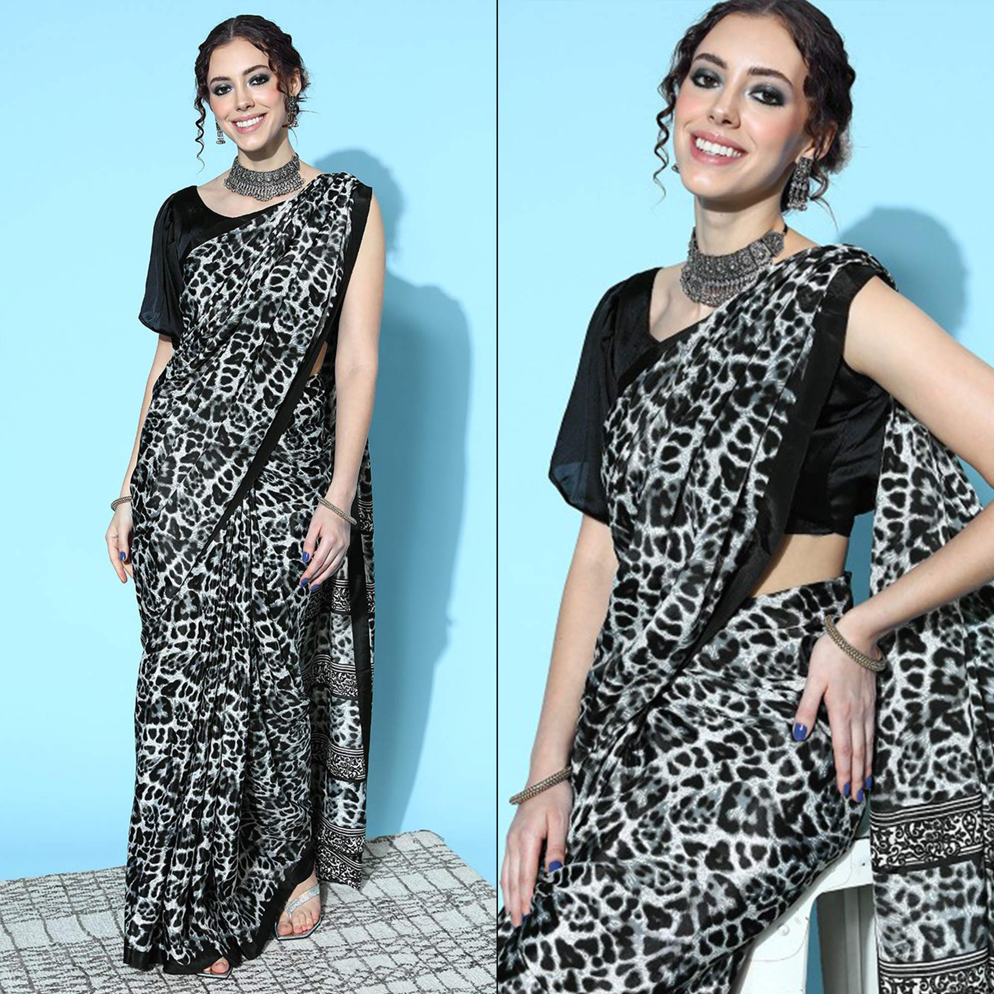 Black Digital Printed Chinon Saree