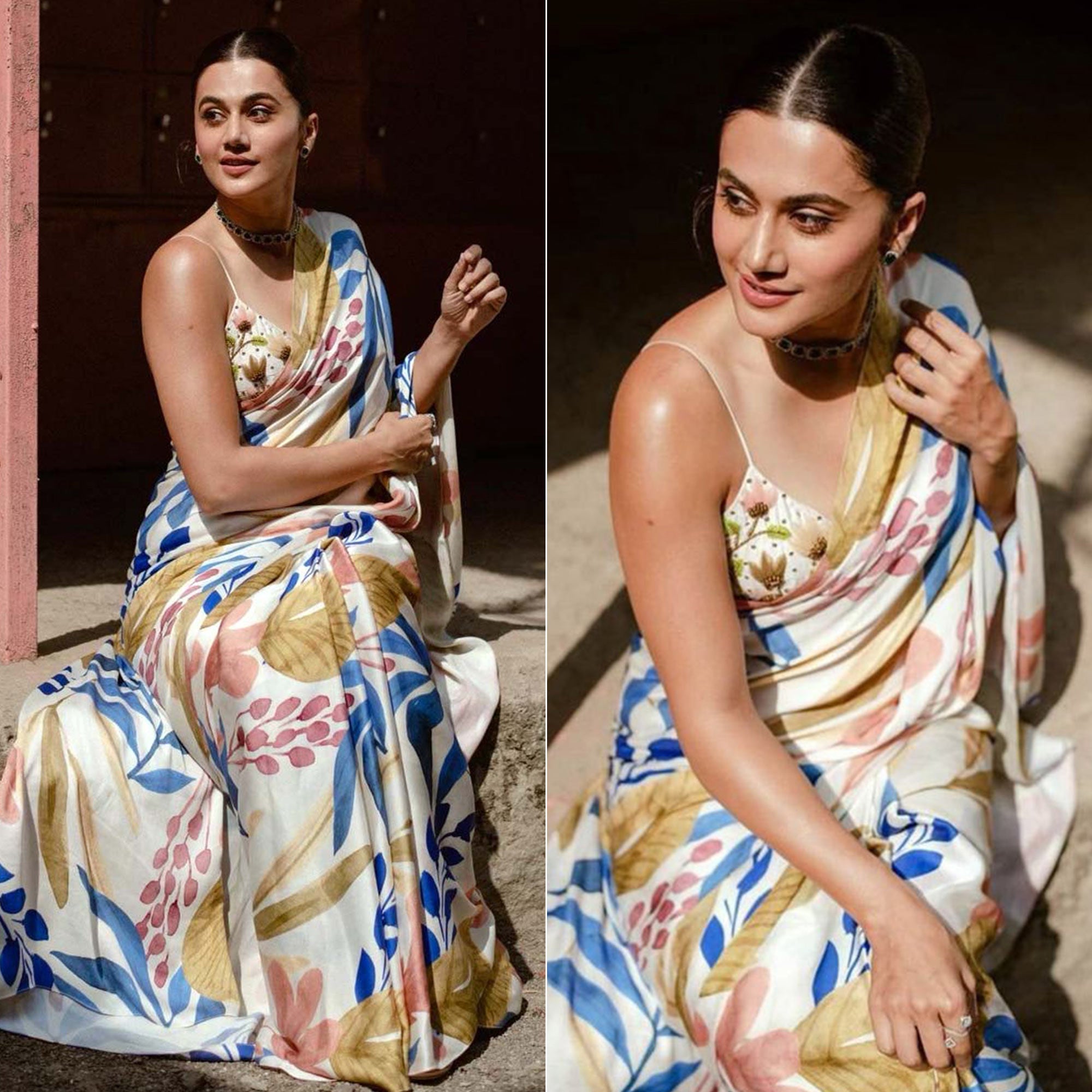 Off White Digital Printed Chinon Saree