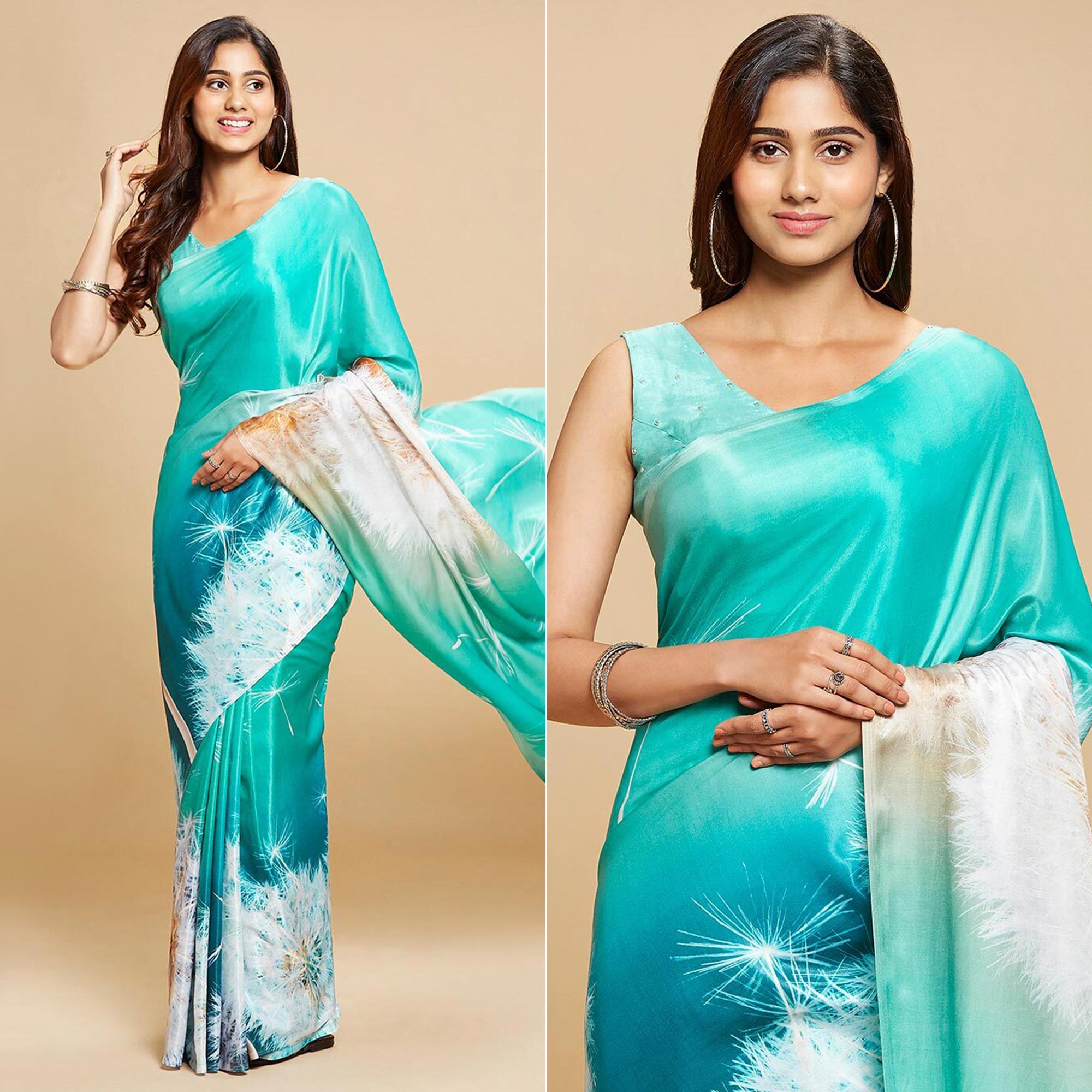 Turquoise Digital Printed Chinon Saree