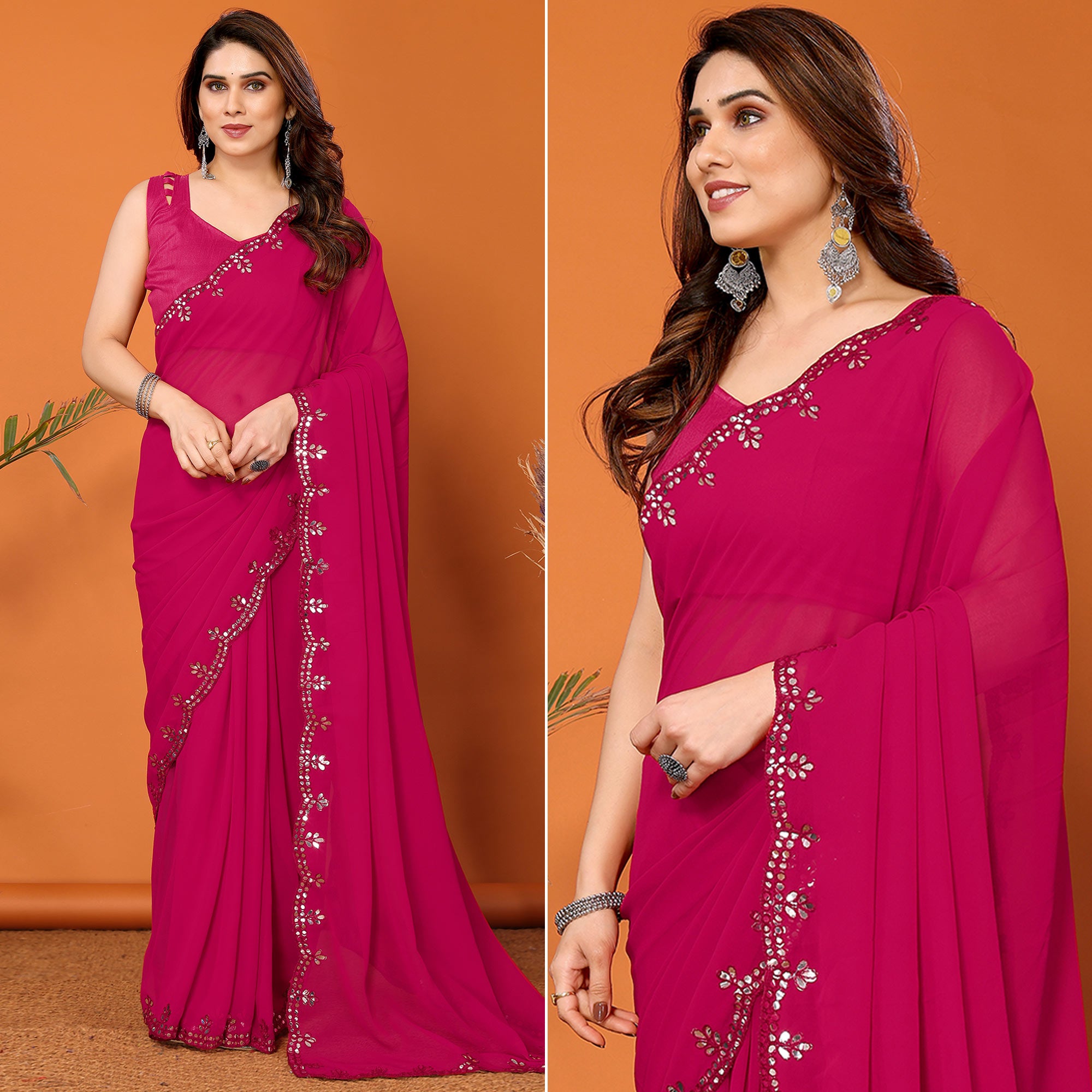 Dark Pink Embellished Georgette Saree With Mirror Work