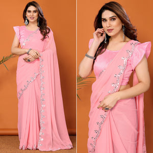 Light Pink Embellished Georgette Saree With Mirror Work