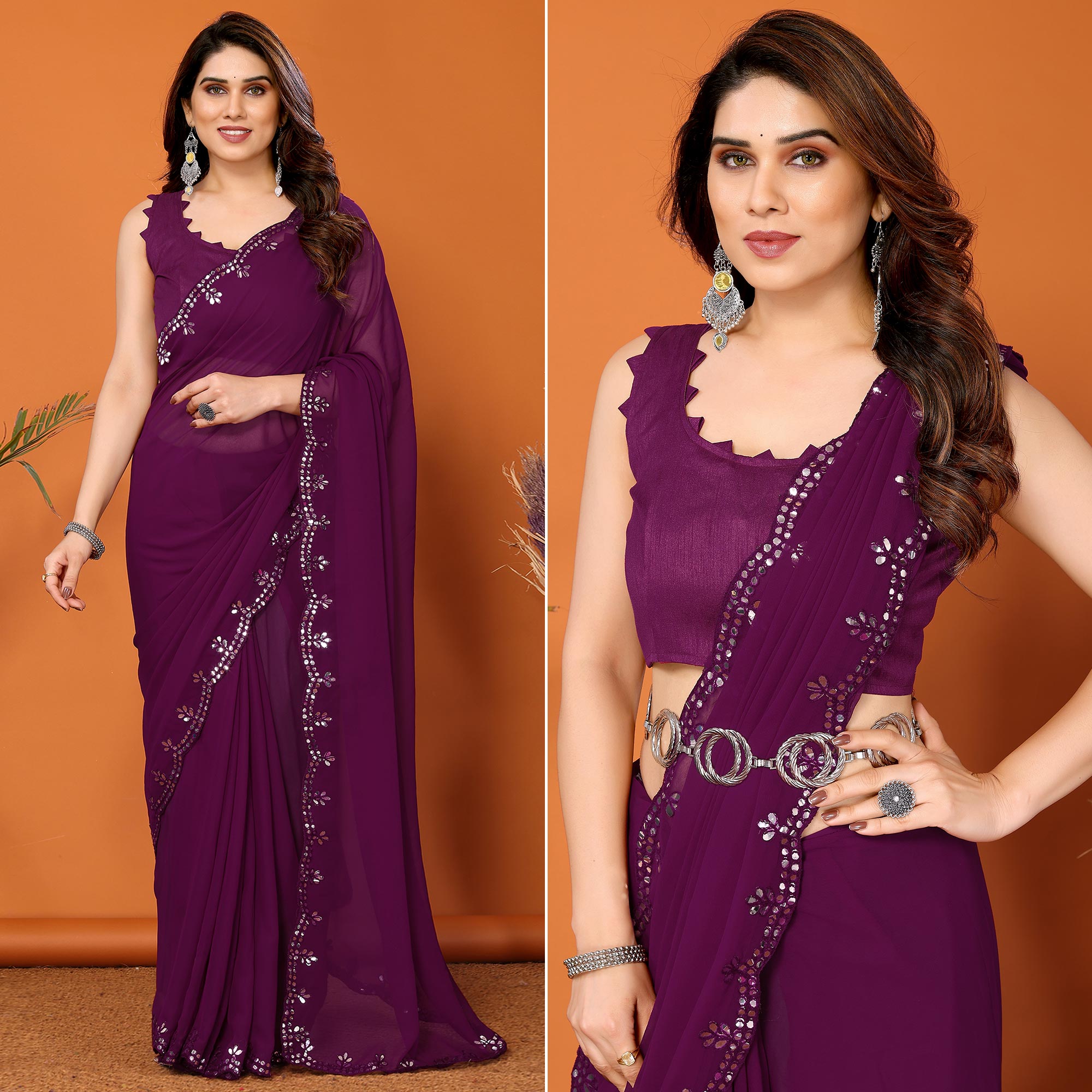 Purple Embellished Georgette Saree With Mirror Work