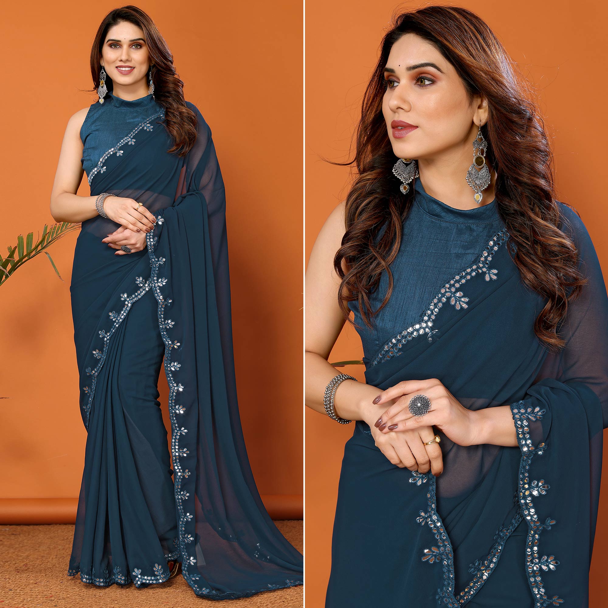 Teal Embellished Georgette Saree With Mirror Work