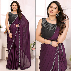 Purple Solid Chiffon Saree With Stone Work Border