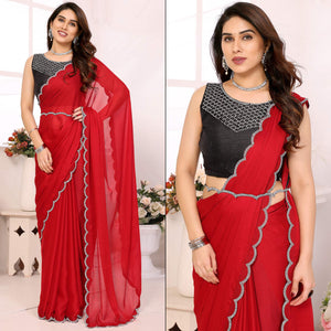 Red Solid Chiffon Saree With Stone Work Border