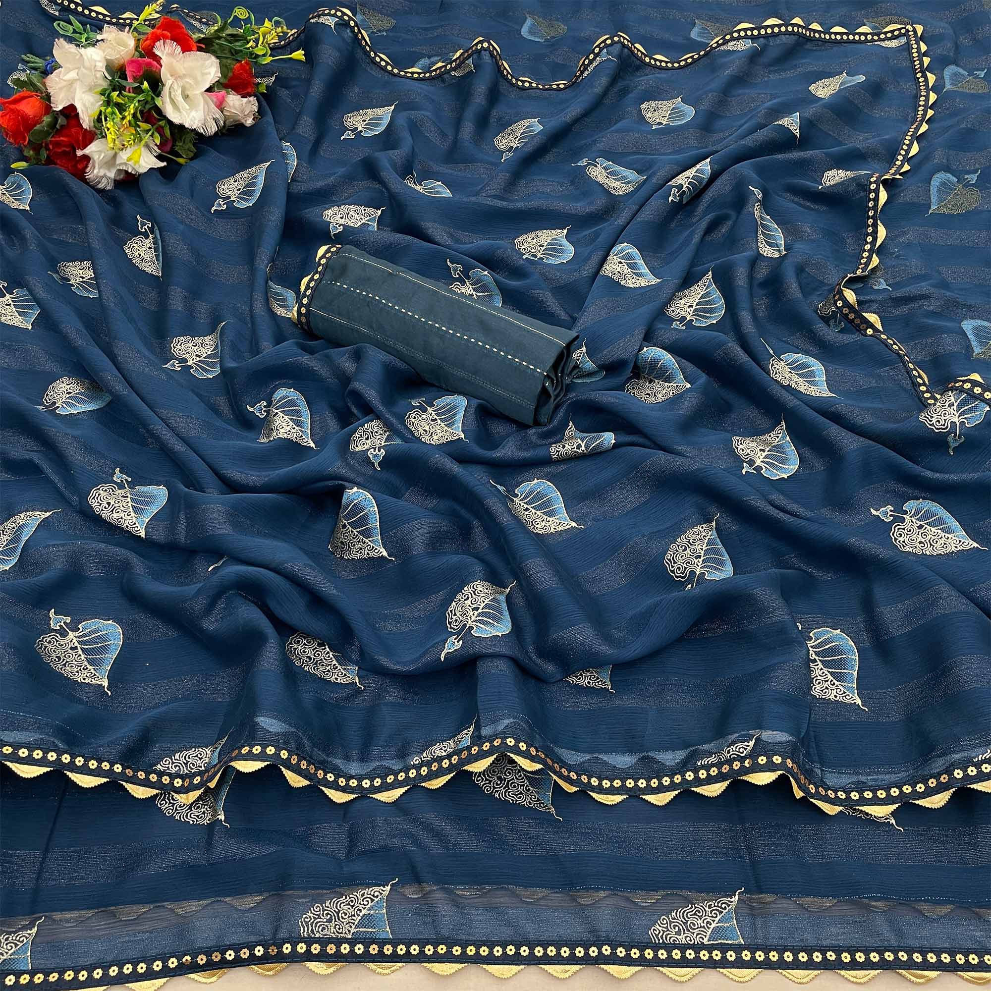 Blue Foil Printed Chiffon Saree With Sequins Embroidered Border