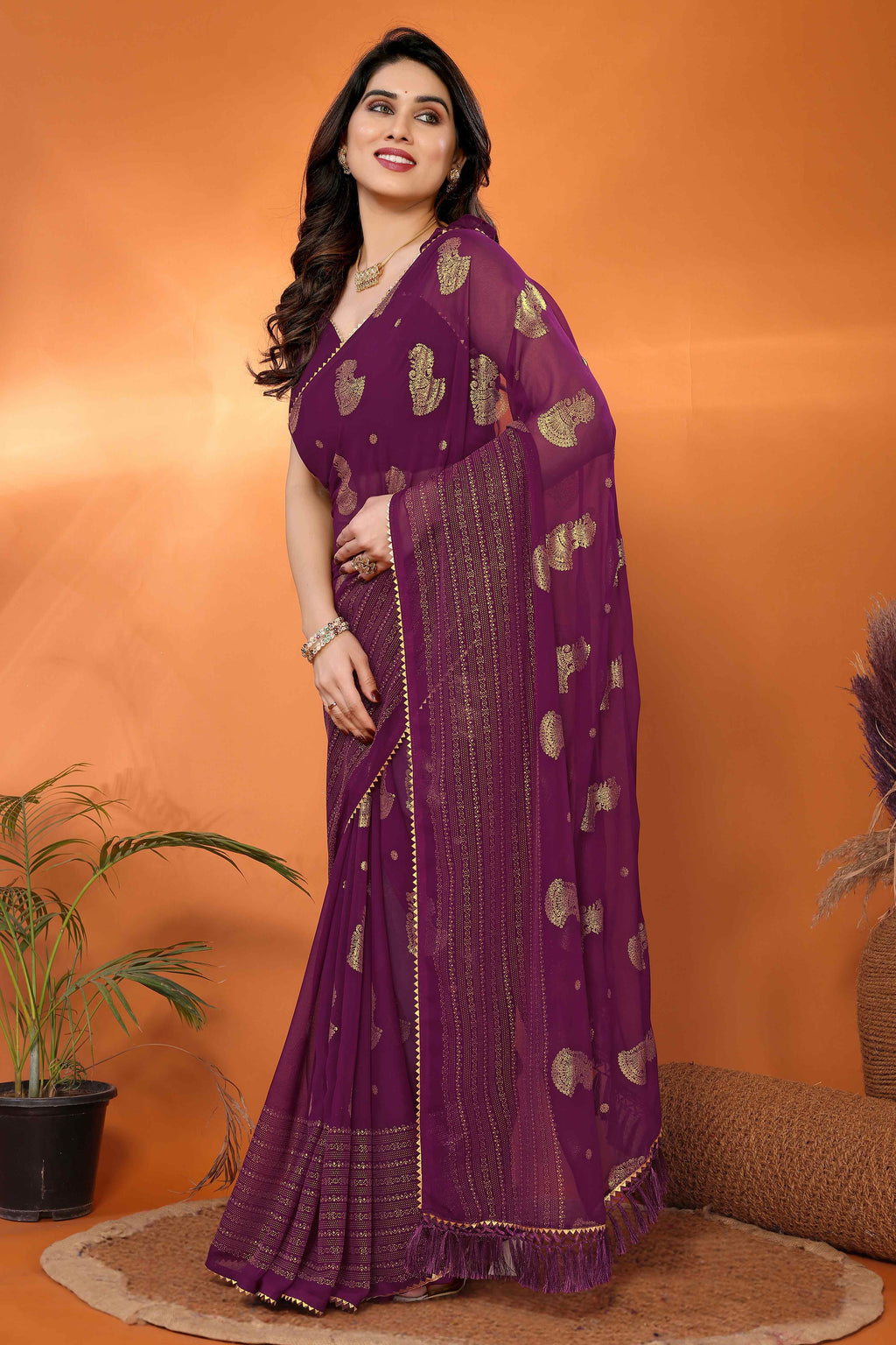 Wine Georgette Leaf Print Saree main image 1