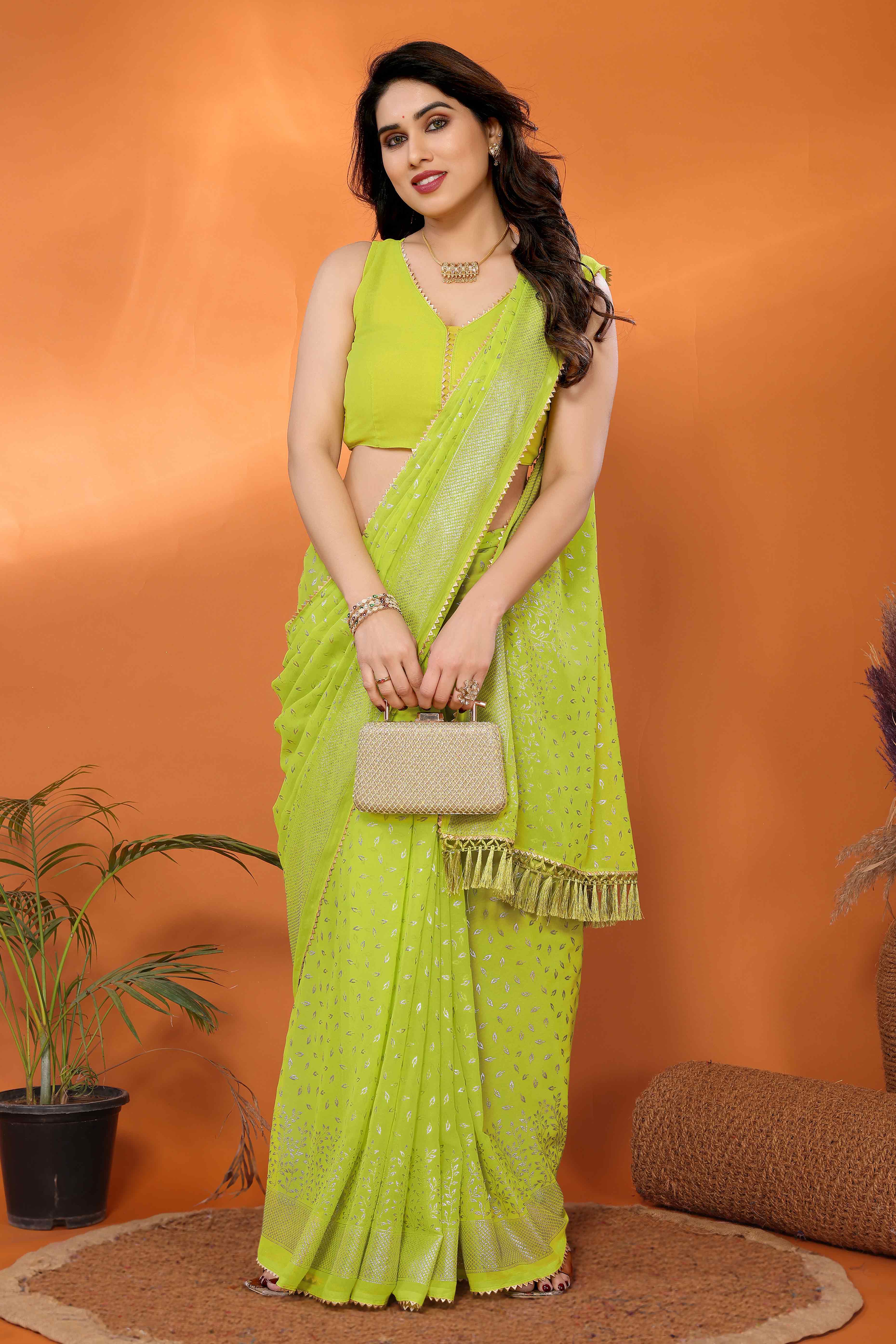 Green Foil Printed Georgette Saree