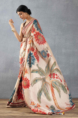 Beige Floral Printed Moss Chiffon Saree With Tassels