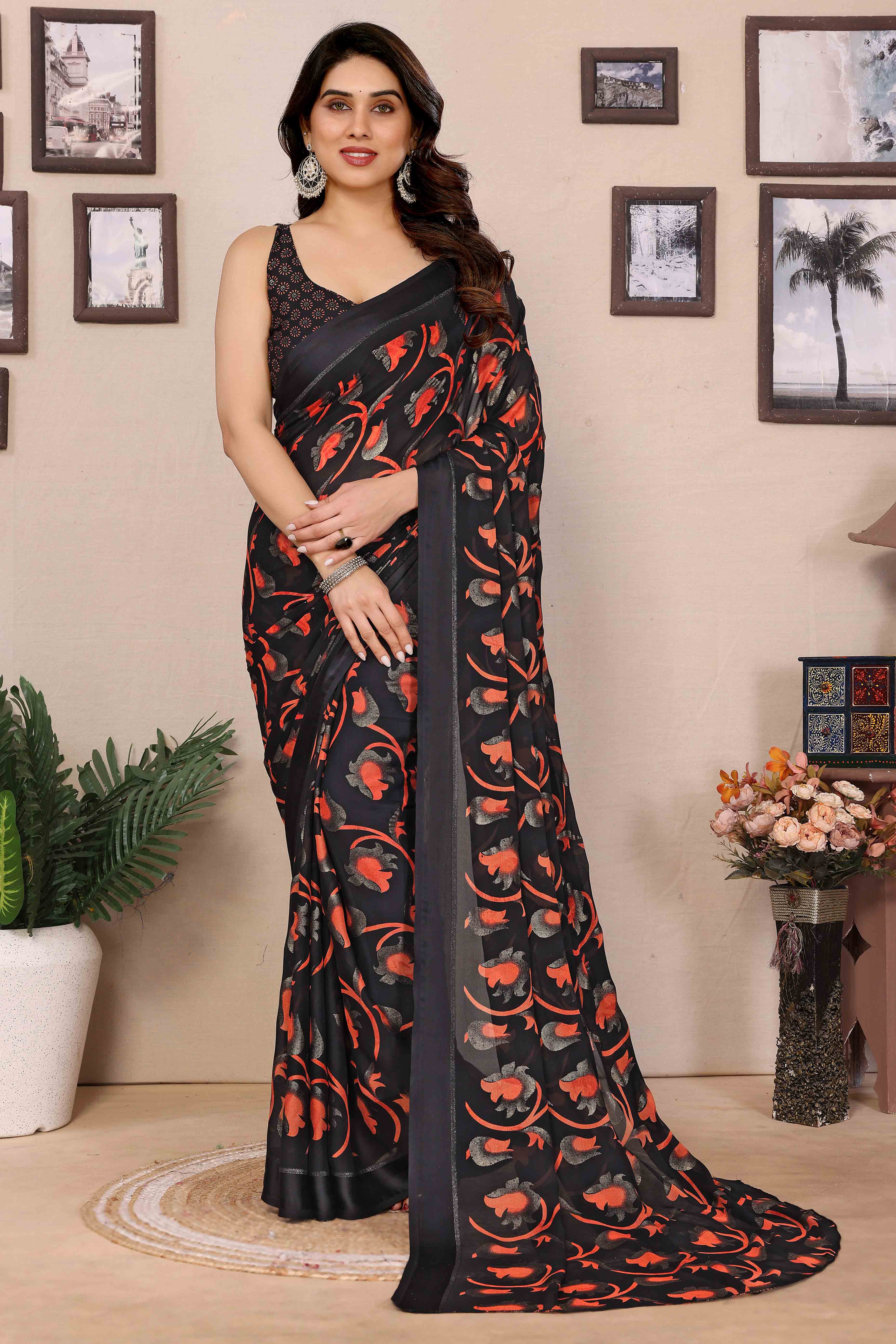 Black Floral Printed Georgette Saree