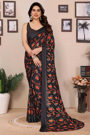 Black Floral Printed Georgette Saree
