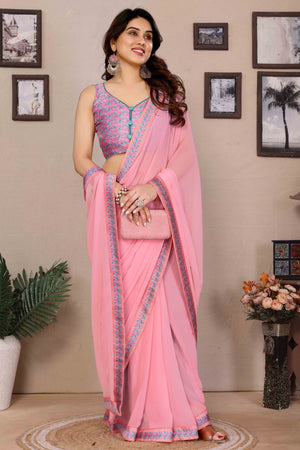 Light Pink Solid Georgette Saree With Printed Border