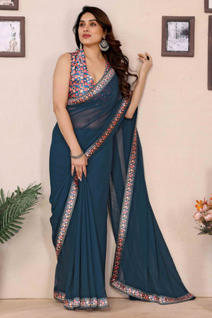 Morpich Blue Solid Georgette Saree With Printed Border