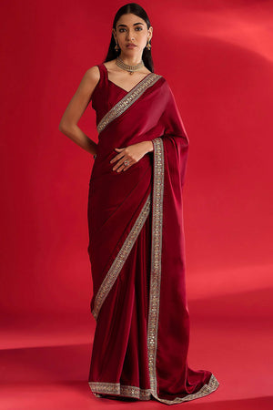 Maroon Solid With Embellished Bordered Chiffon Sarees