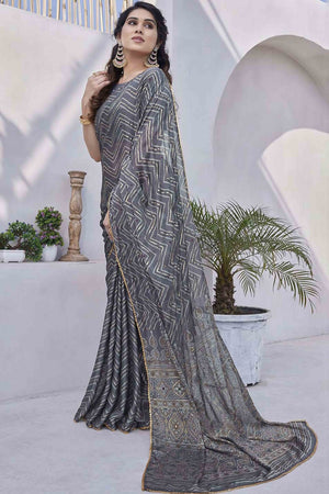Grey Chiffon Saree With Zig-Zag Foil Print & Golden Lace Border