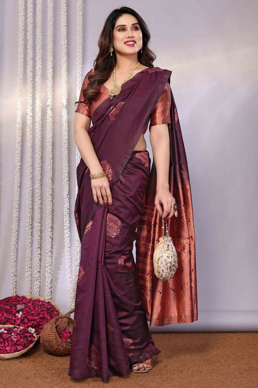 Burgundy Silk Blend Geometric Ikat Banarasi Saree With Contrast Pallu main image 1