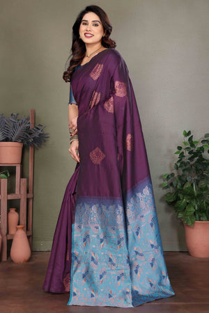 Purple Banarasi Silk Saree With Exquisite Floral Zari Weaving