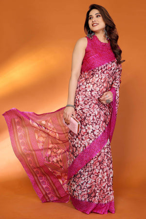 Pink Kota Doria Saree with Graceful Floral Print Work