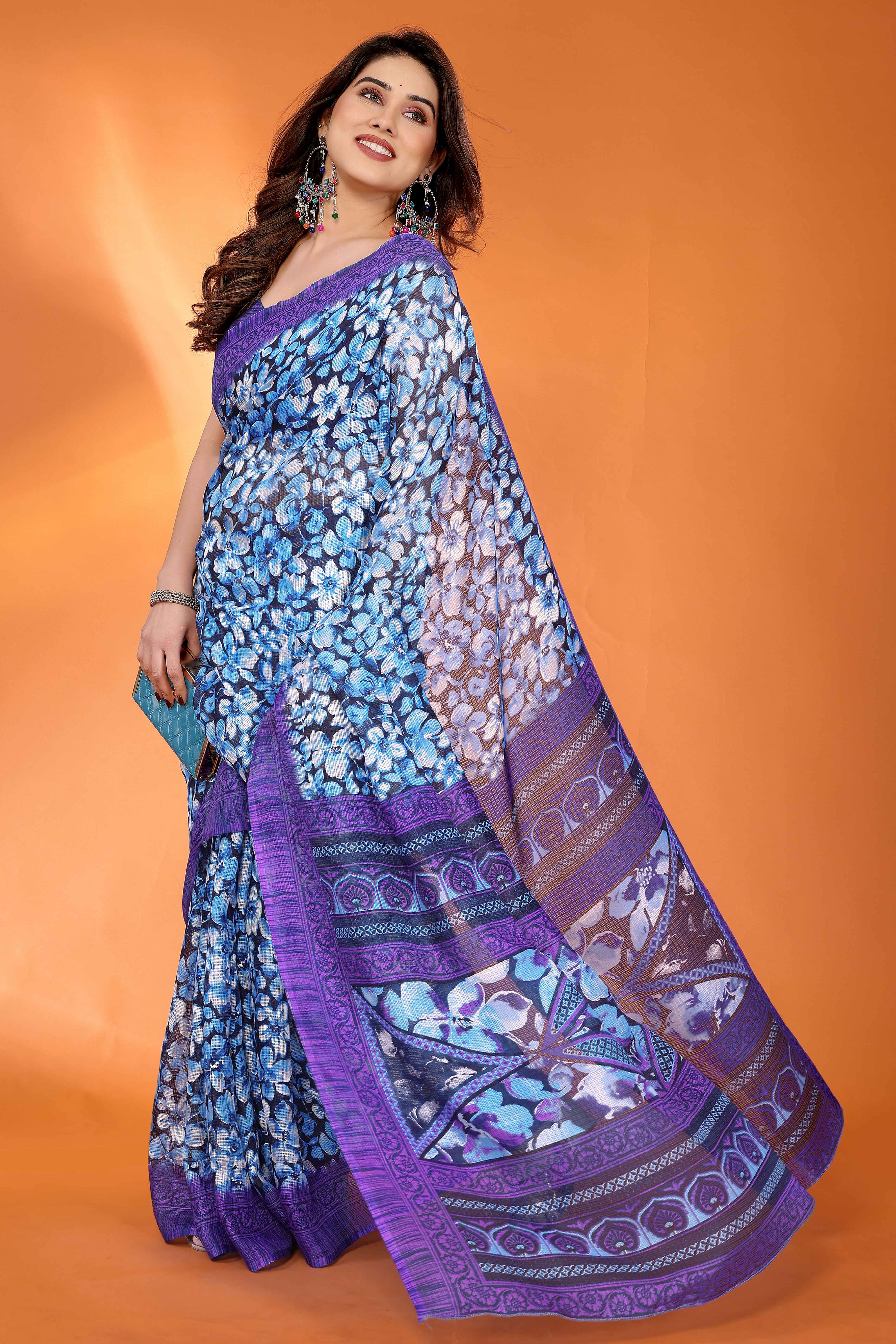 Purple Kota Doria Saree with Graceful Floral Print Work