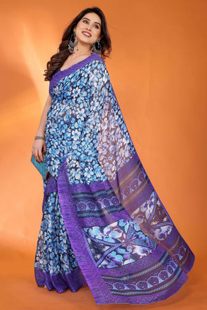 Purple Kota Doria Saree with Graceful Floral Print Work