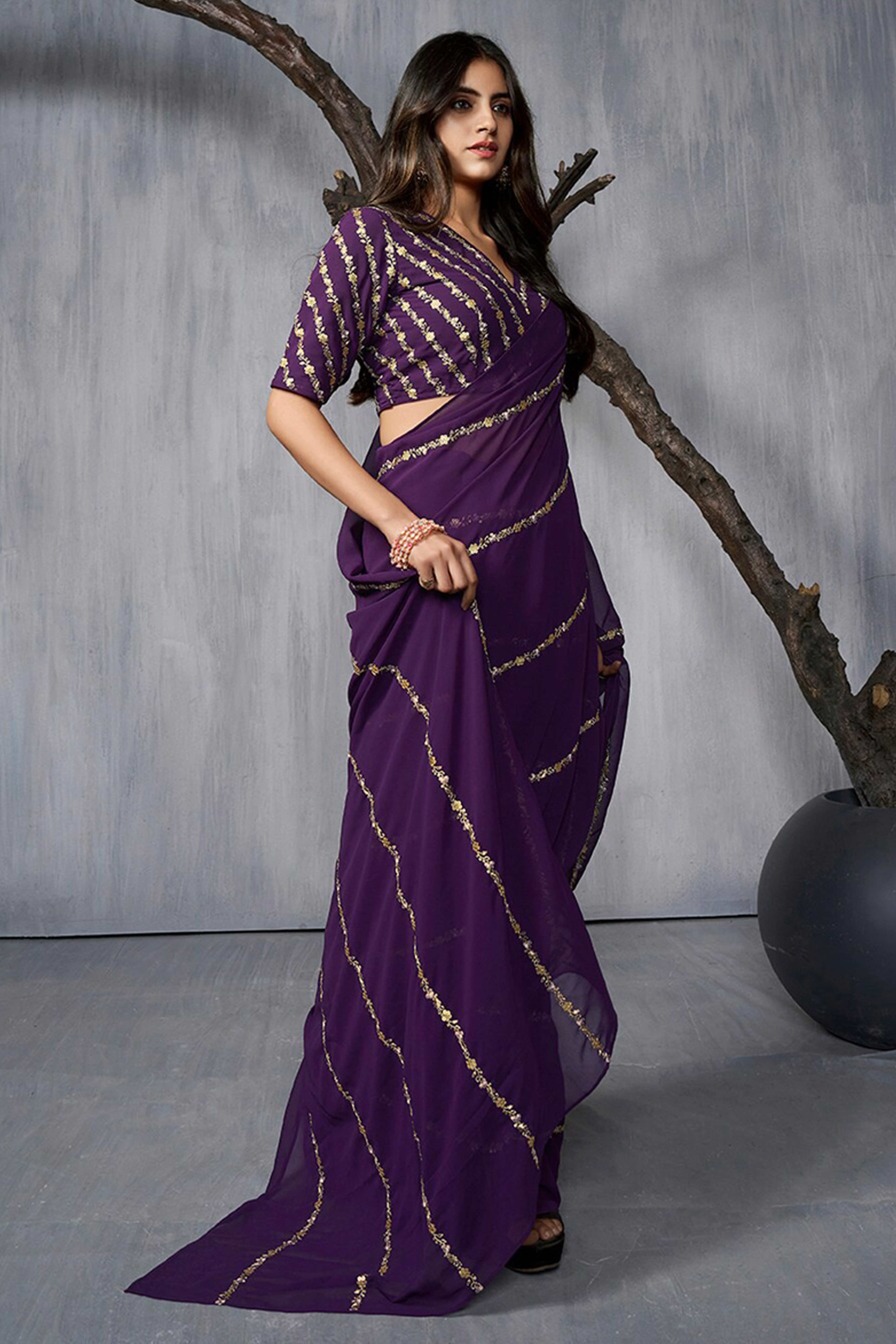 Elegant Purple Floral Georgette Saree Embellished With Fine Sequins Embroidery