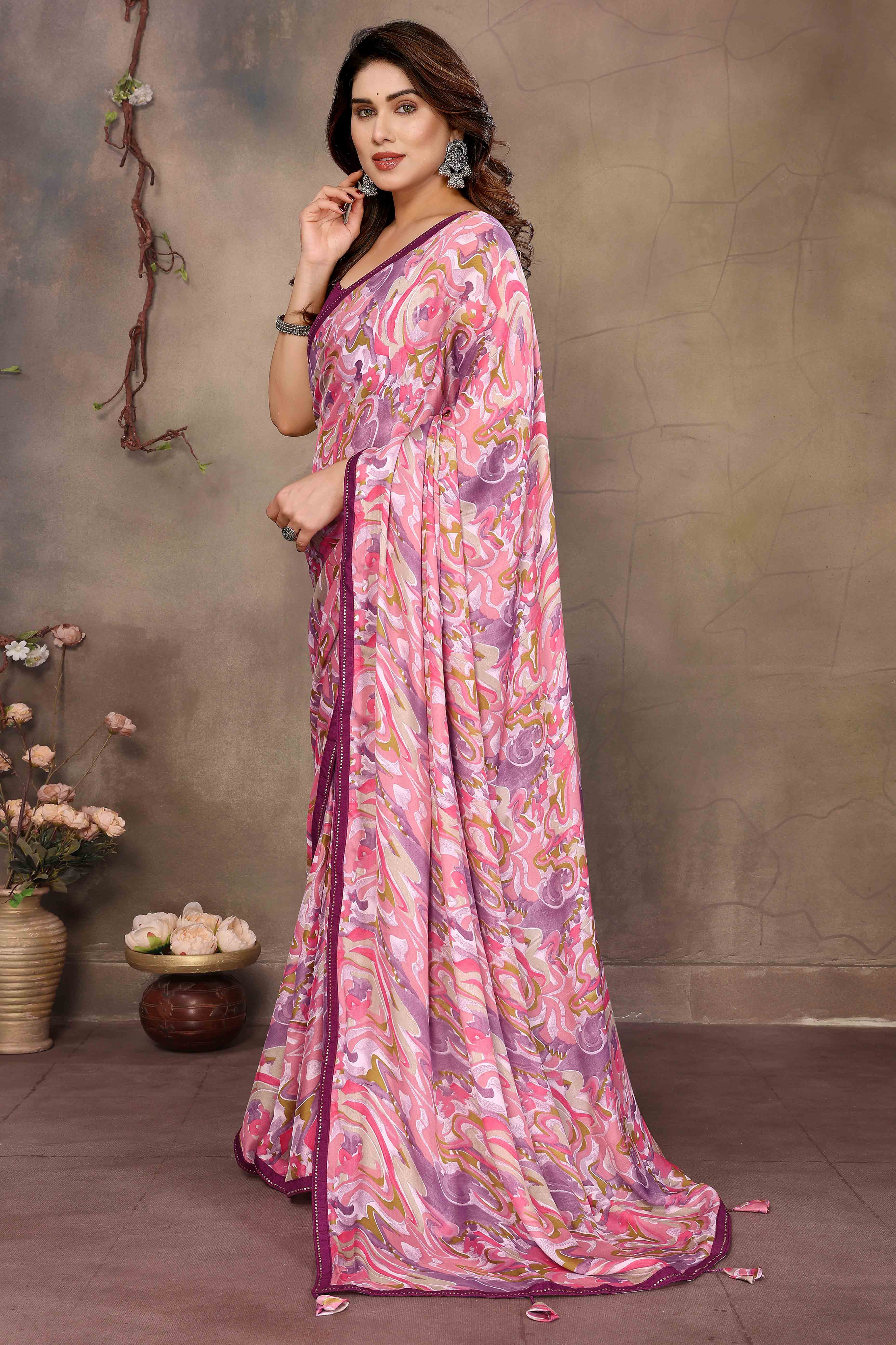 Pink Chiffon Party Saree with Vibrant Floral Patterns and Graceful Drape