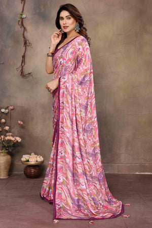 Pink Chiffon Party Saree with Vibrant Floral Patterns and Graceful Drape