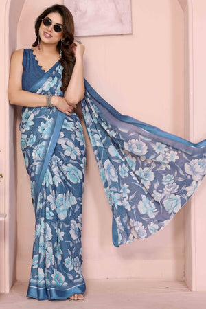 Blue Crepe Saree Accentuated With Satin Patta & Floral Print Detailing