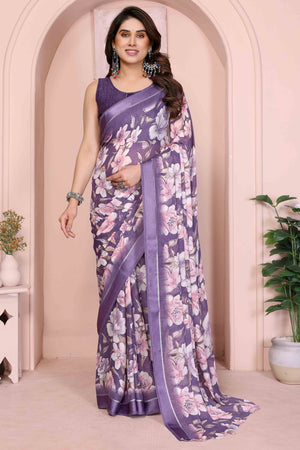 Purple Crepe Saree Accentuated With Satin Patta & Floral Print Detailing