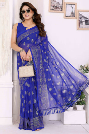 Royal Blue Foil Printed Georgette Saree Enhanced With Delicate Lace Border & Elegant Tassel