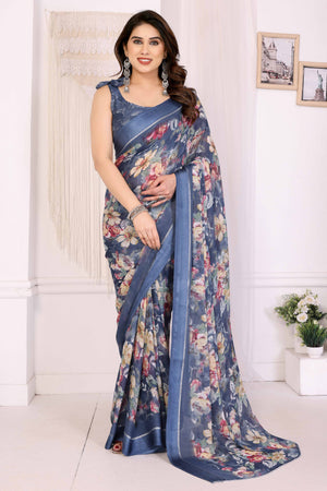 Bluish Grey Floral Printed Crepe Saree Enhanced With A Lustrous Satin Patta Border