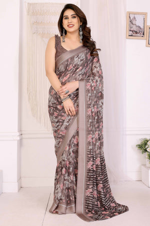 Brown Floral Printed Blue Crepe Saree Styled With A Smooth Satin Patta Border