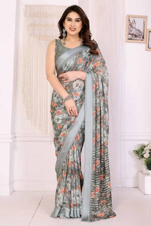 Light Green Floral Printed Blue Crepe Saree Styled With A Smooth Satin Patta Border