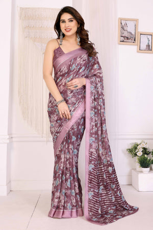 Mauve Floral Printed Blue Crepe Saree Styled With A Smooth Satin Patta Border