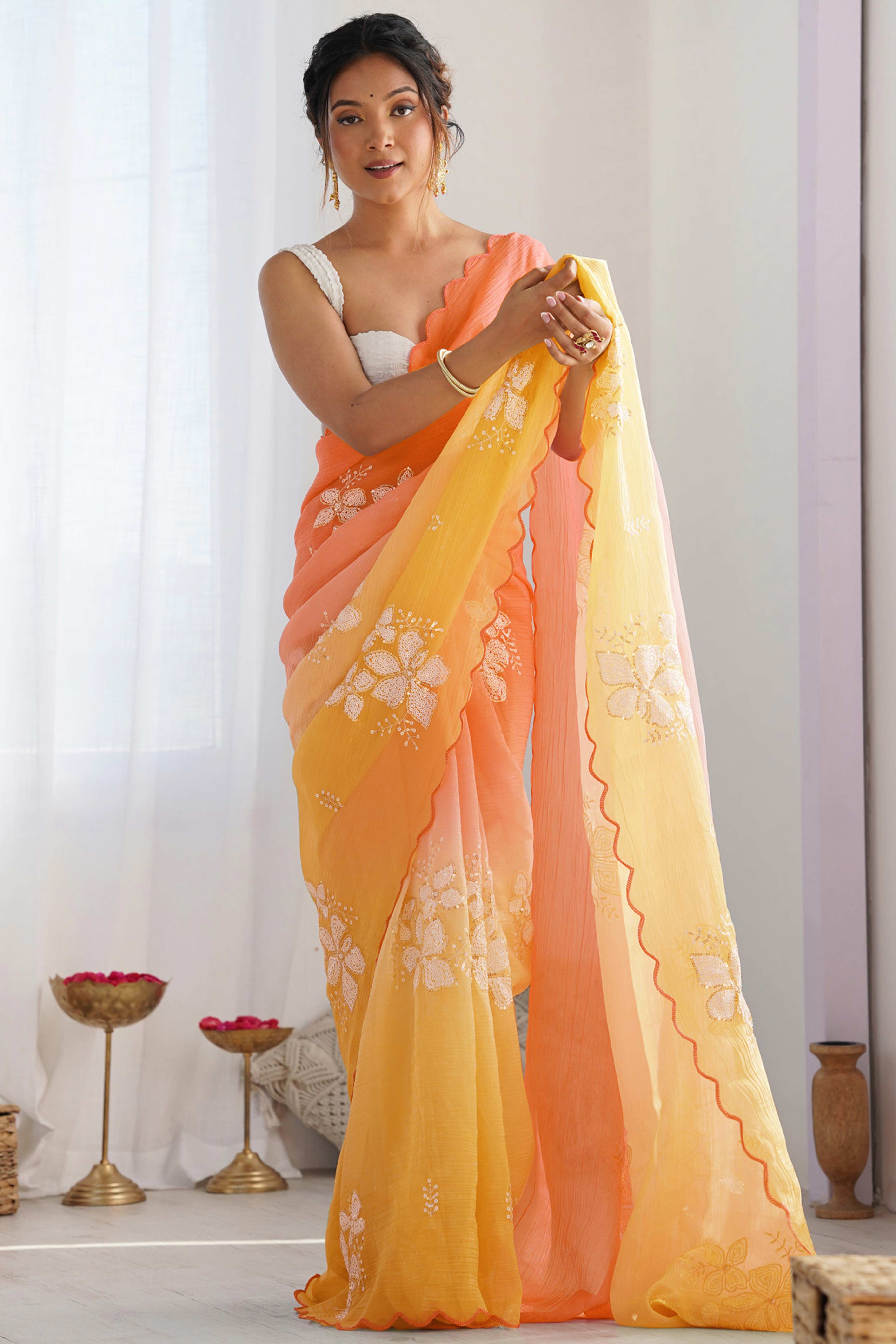 Orange & Yellow Ombre Silk Blend Saree Accentuated With Floral Sequins Embroidery