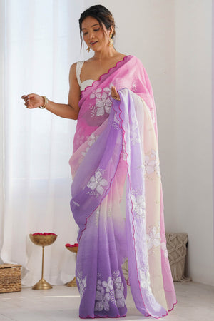 Pink & Lavender Ombre Silk Blend Saree Accentuated With Floral Sequins Embroidery