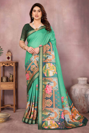 Rama Green Zari Woven Saree with Floral Motifs in Cotton Blend Fabric