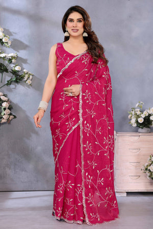 Pink Jimmy Choo Chiffon Saree Adorned with Delicate Floral Sequins Embroidery
