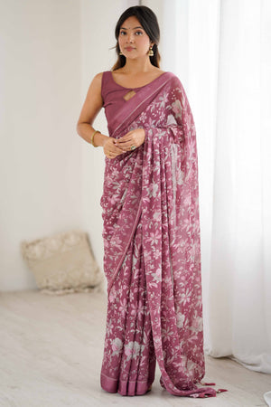 Mauve Moss Silk Blend Saree With Artistic Floral Digital Print & Stylish Tassel Pallu