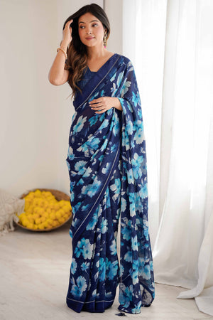 Dark Blue Floral Printed Moss Silk Blend Saree Adorned With Playful Tassel Pallu