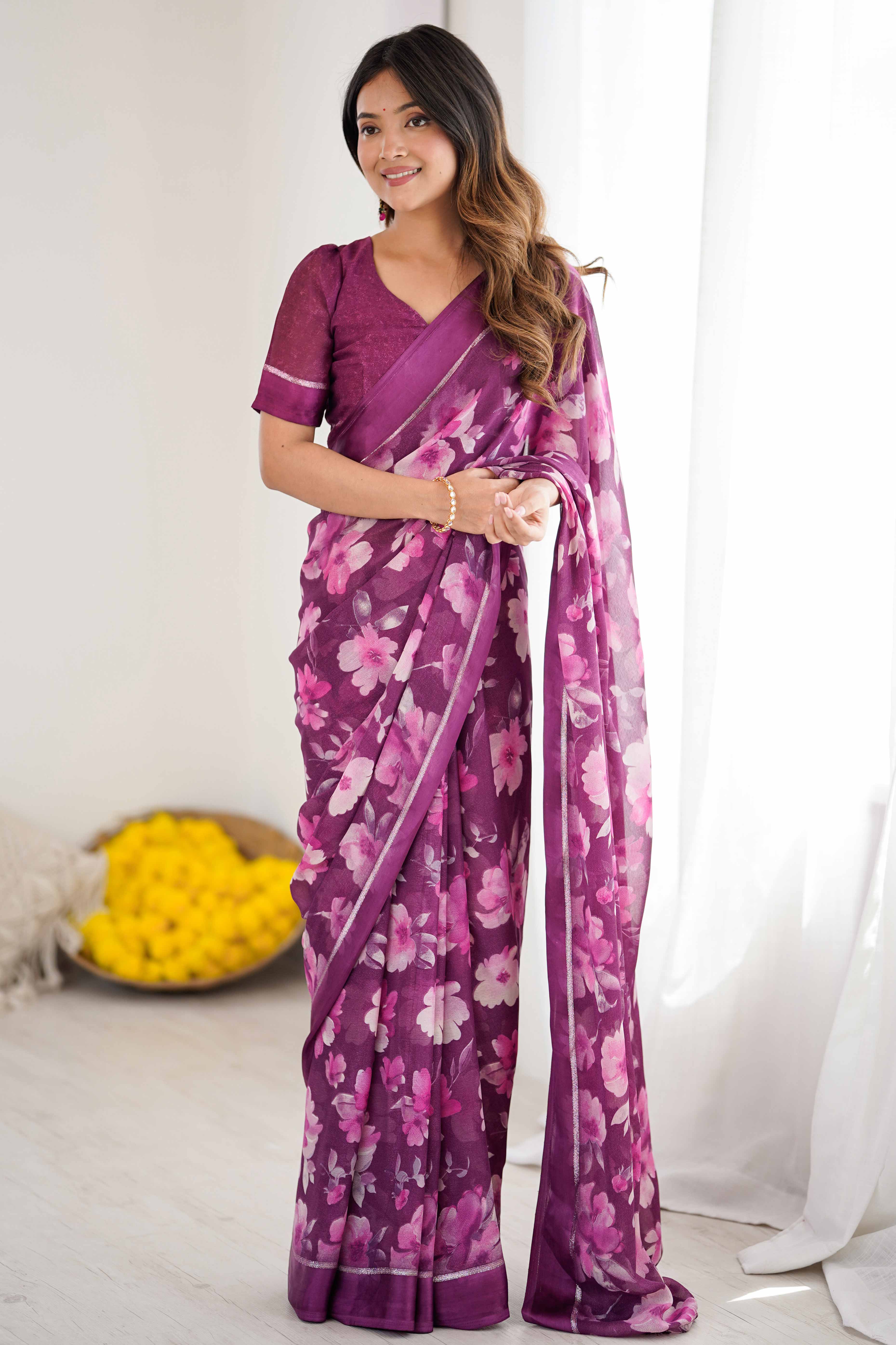 Magenta Floral Printed Moss Silk Blend Saree Adorned With Playful Tassel Pallu